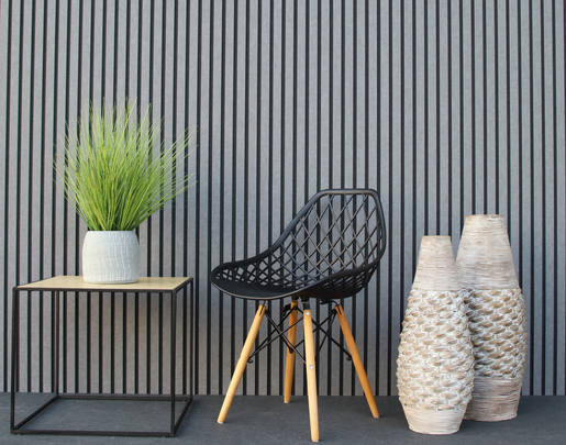 PET-Vilt Lattenpaneel Achterplaat NF09010 Dark Grey met vilt latten NF09011 Brown/Grey Latten 30 mm, tussenruimte 15 mm 1185X2800X18MM